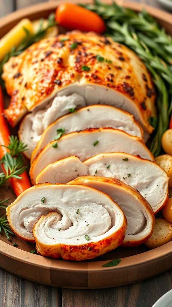 Sliced air fryer turkey breast with crispy skin, garnished with herbs on a wooden platter with vegetables.